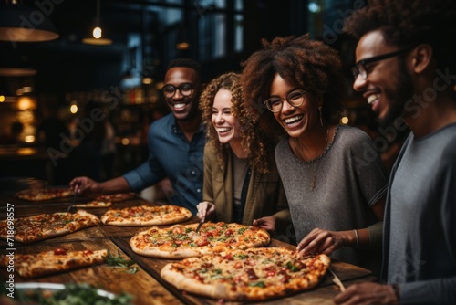 Multiracial group of employees sharing a pizza during a lively office break, Generative AI