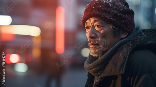 遠くを見つめるホームレスの男性　AI生成画像 photo