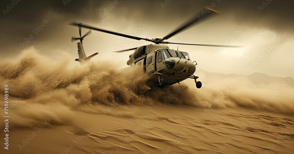 A military helicopter maneuvers over the combat zone, showcasing its presence in the midst of action.