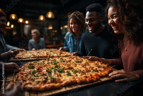 Multiracial group of employees sharing a pizza during a lively office break  Generative AI