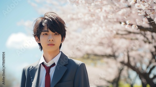 桜の花の下、真面目に前を向く男子生徒 AI生成画像
