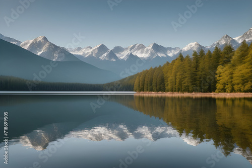 A serene lakeside scene with calm waters reflecting the surrounding trees and mountains