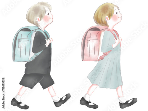 ランドセルを背負う男女の生徒（水彩画）