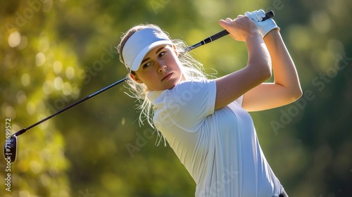 Portrait of a female golfer in action on the golf course, generative AI