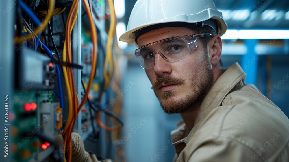 Portrait of an electrician working seriously, generative AI Portrait of an electrician working seriously, generative AI