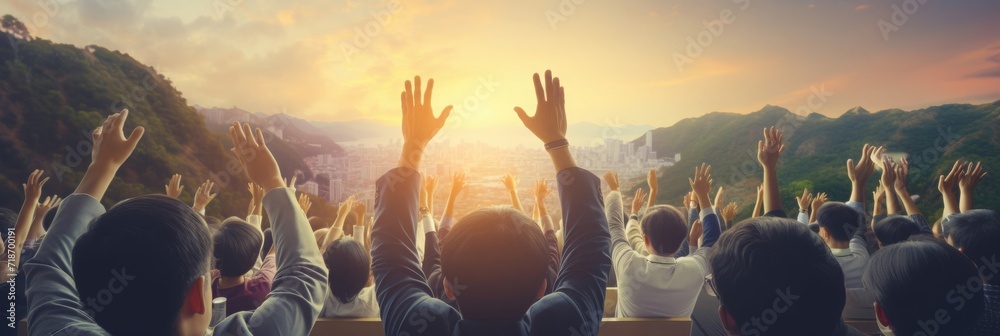 Large Group of People Raising Hands Together in Celebration and Support - obrazy, fototapety, plakaty 