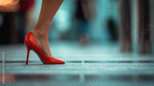 Close-up portrait of a woman's feet walking wearing red high heel shoes, generative AI photo