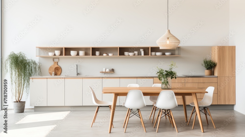 interior design of modern Scandinavian pantry with beautiful hardwood, minimal concept, AI generated photo, copy space for text