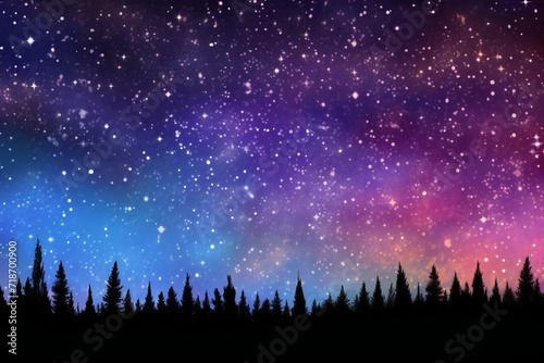 Night starry sky with silhouette of pine trees, Space background