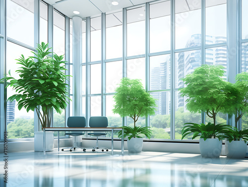 Modern office interior with green plants  panoramic windows and sunlight.