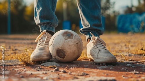Close-up portrait of a man's feet wearing soccer shoes next to a soccer ball, generative AI