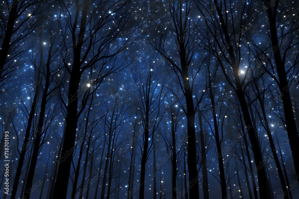 Fantasy dark forest with many trees and stars in the night sky Stock ...