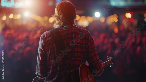 Back view portrait of a male guitarist performing on stage facing a cheering audience, generative AI photo