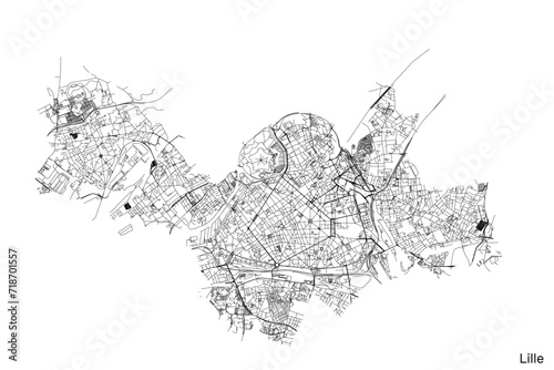Lille city map with roads and streets, France. Vector outline illustration.