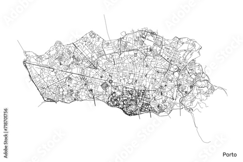 Porto city map with roads and streets, Portugal. Vector outline illustration.