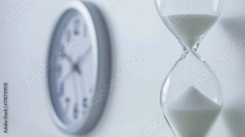 Close-up portrait of hourglass and wall clock next to it against white background, generative AI