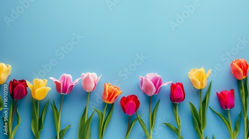 Tulips against a blue wall.