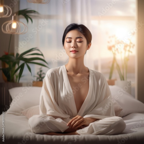 Woman Sitting in Lotus Position on Bed, Relaxation and Meditation