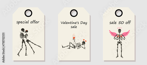 Vector set of discount price tags. Labels with Funny Skeleton with decor for Valentine's day. Valentine's day sale.	