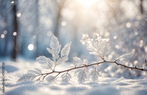 Silver glitter branch on bright snow forest sunshine background