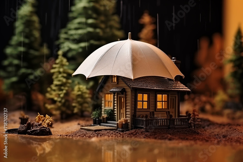 Model house under an umbrella in muddy rain, representing real estate protection