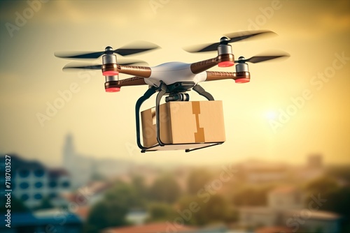 Drone logistics, air transport package parcel delivery. Drone gimbals precise handling. International shipping urban air mobility. Logistic software apps Airspace integration fulfillment efficiency