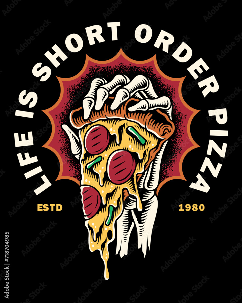 skeleton hand holding pizza