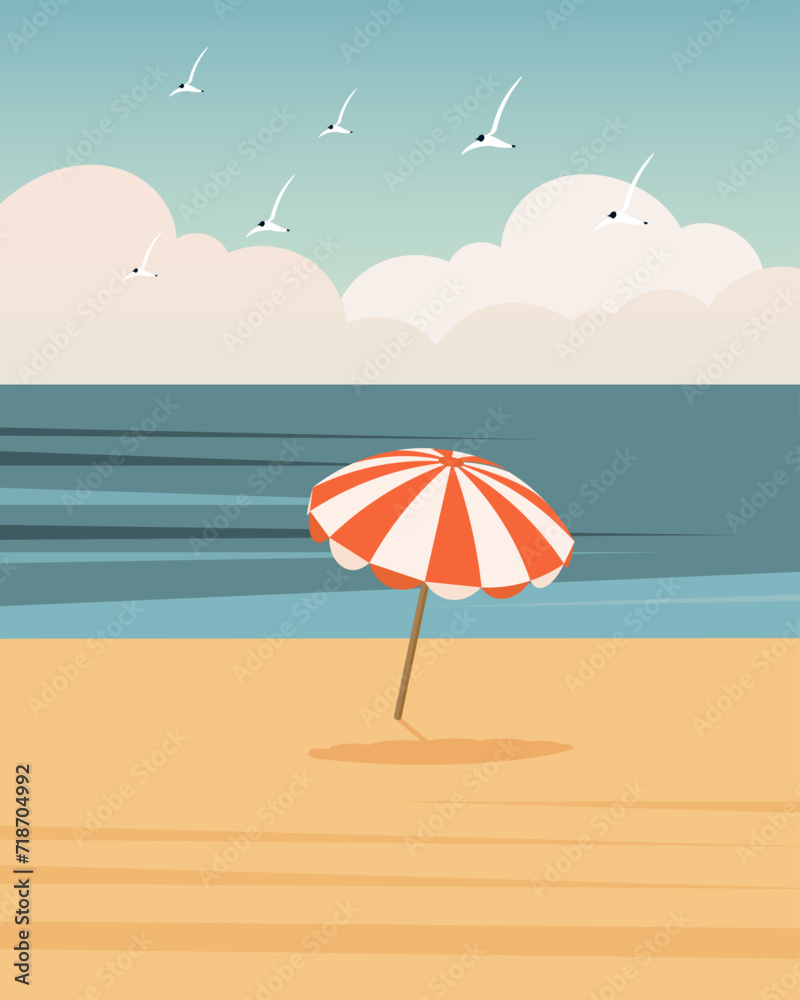 Seascape, colorful parasol on the sea beach. Summer illustration, vector
