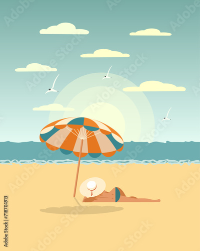 Seascape, young woman in a bikini under an umbrella on the sea beach. Summer illustration, vector