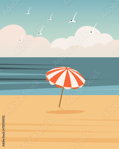 Seascape, colorful parasol on the sea beach. Summer illustration, vector