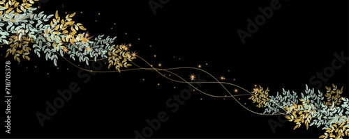 Vector art deco luxury flower, leaves, gold shine line art background. Golden botany banner. Japanese style Hand drawn vector. Line art style design. Hand drawn florals for packaging,coveand wall arts