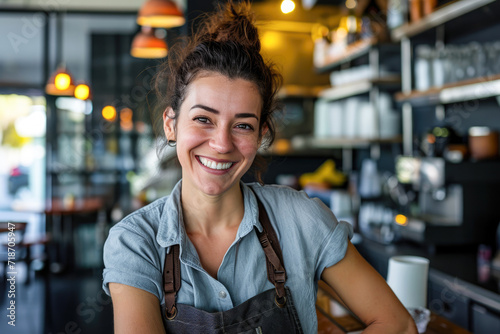 Portrait of smiling waitress standing at counter in coffee shop and looking at camera