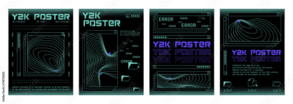 Retro futuristic y2k aesthetic poster design template with acid grid psychedelic geometry pattern and text elements on black background. Vector cyberpunk banner layout set. Tech or cyberpunk cover.