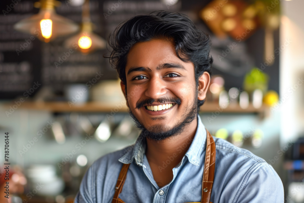 Portrait of young indian barista smiling at camera in coffee shop Portrait of young indian barista smiling at camera in coffee shop