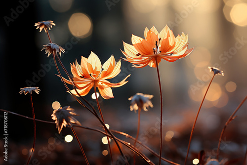 Silhouettes of flowers against the background of nature, flooded with sunlight. Generative AI © Vovmar
