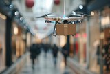 Warehouse automation drone delivery shopping centers and malls. Drones package tracking aircraft logistic air mobility in context of Advanced Air Mobility (AAM). Air vehicles trade online shopping.