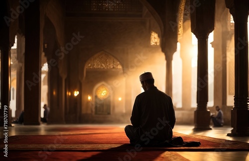 Silhouette of muslim male praying in old mosque