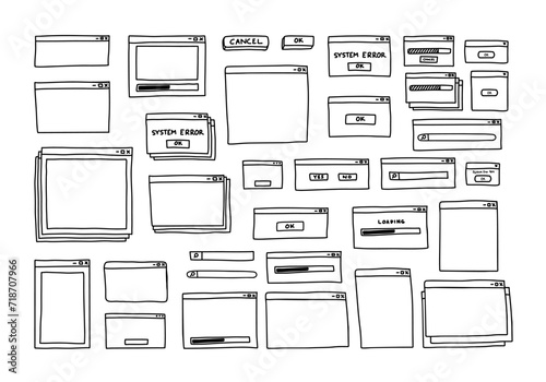 vector set collection of hand drawn ui user interface outline doodle drawing black and white with blank window, loading bar, search bar, and stacked window