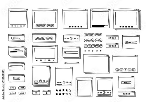 vector set collection of hand drawn ui user interface outline doodle drawing black and white with playback button of multimedia