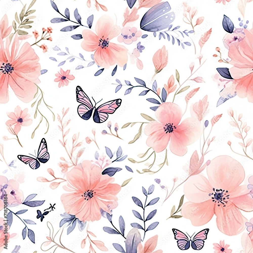 Pink Flowers and Butterflies on White Background - Seamless Pattern