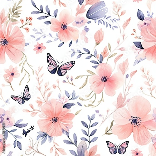 Pink Flowers and Butterflies on White Background - Seamless Pattern