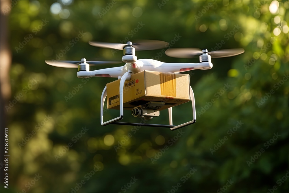 Warehouse automation drone delivery aircraft logistics. Package tracking delivery transparency. Sustainable logistics green tech drone garden of smart homes, drone home delivery packaging solutions.