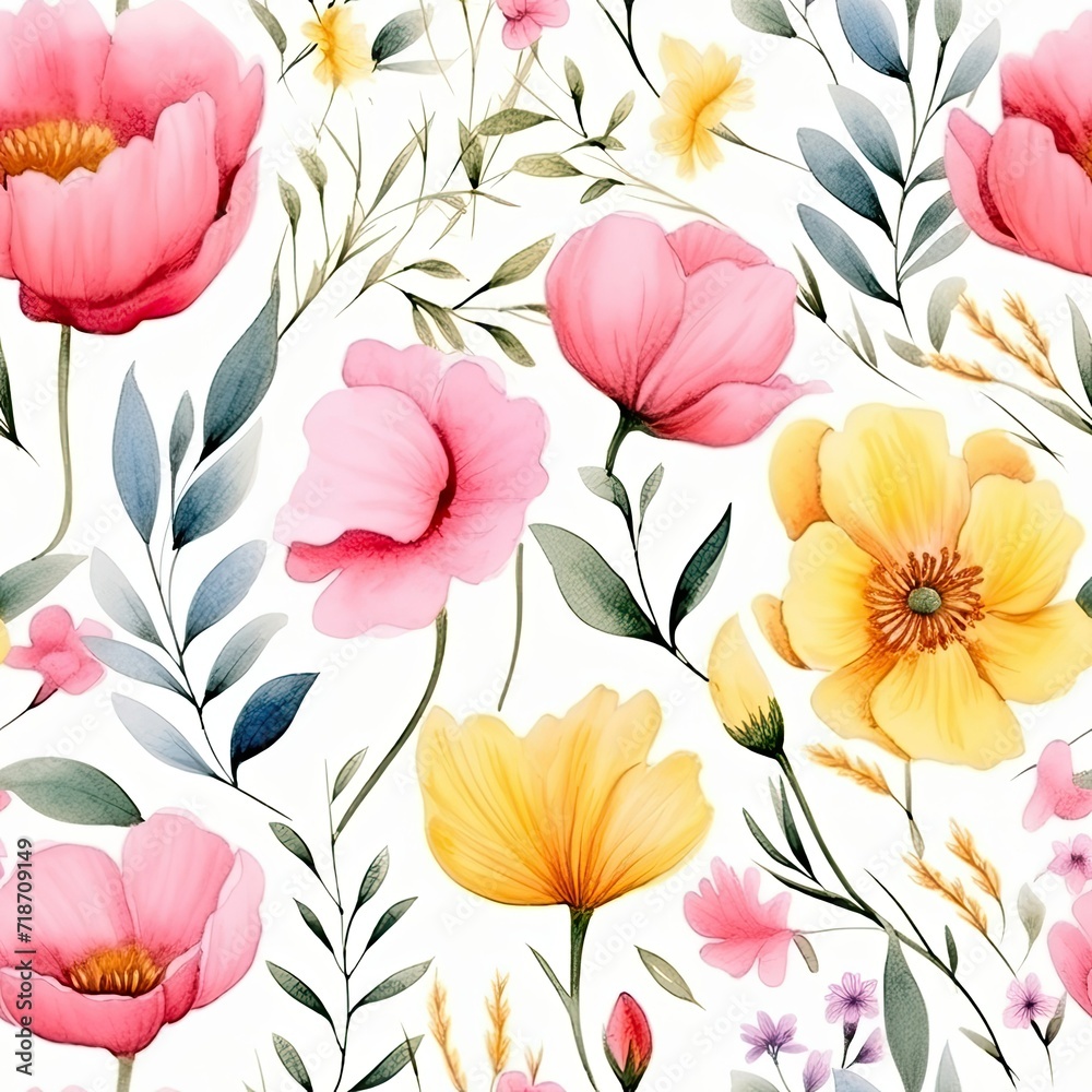 Seamless Pattern of Pink and Yellow Flowers on White Background