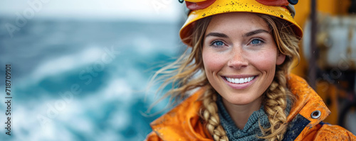 Portrait of a female worker in a construction helmet on the background of the sea.