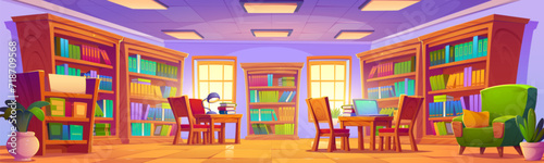 School public library or bookshop interior with wooden cabinet with paper book rows on shelves, desk with stack of literature and lamp, chairs and armchair, flower in pot. Cartoon vector illustration.
