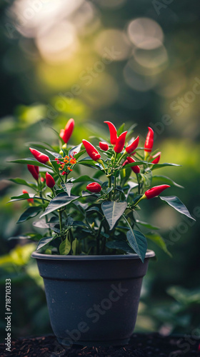 Hot red pepper plant with flowers in a pot.