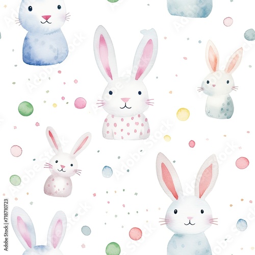 Watercolor Rabbit and Polka Dot Seamless Pattern