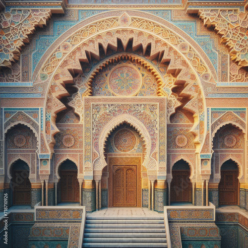 Moroccan riad decorated with an arabesque style geometric mosaic  generative ai
