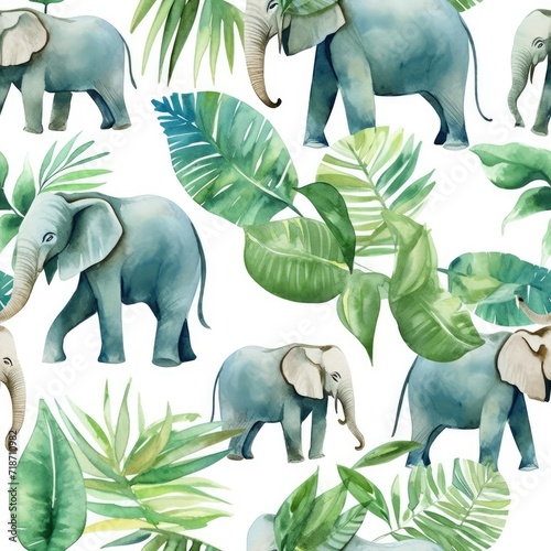 Seamless Watercolor Pattern With Elephants and Tropical Leaves photo