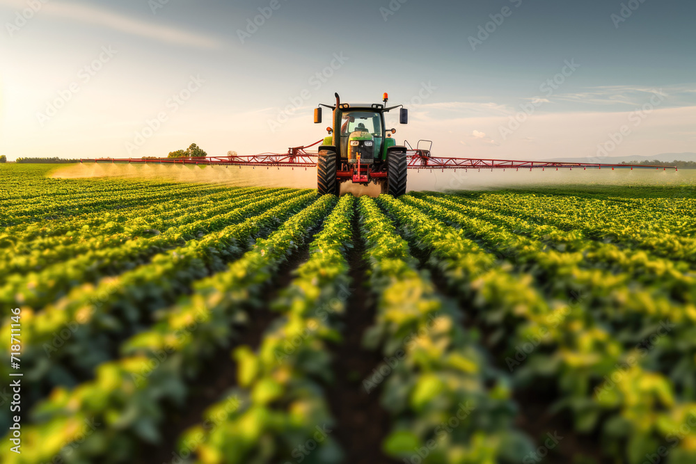 Tractor spraying pesticides on soybean field with sprayer at spring Tractor spraying pesticides on soybean field with sprayer at spring